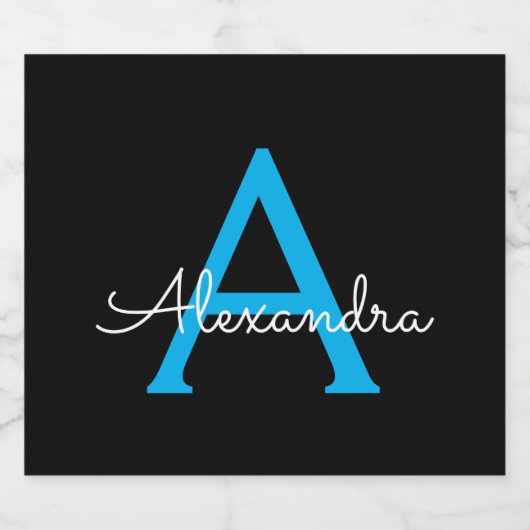 Blue Black Script Girly Monogram Name Likeurfles Etiket (Enkel label)