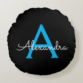Blue Black Script Girly Monogram Name Rond Kussen (Voorkant)