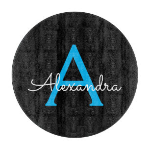 Blue Black Script Girly Monogram Name Snijplank