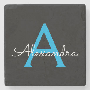 Blue Black Script Girly Monogram Name Stenen Onderzetter