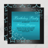 Blue & Black Star Verjaardag Uitnodiging (Voorkant / Achterkant)