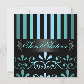 Blue/Black Stripe & Swirl Sweet 16 Invite Kaart