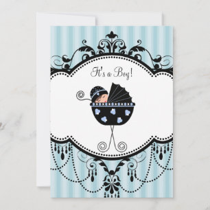 Blue Black Stripes Baby Boy Shower Invitations