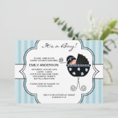 Blue Black Stripes Baby Boy Shower Invitations (Debout devant)