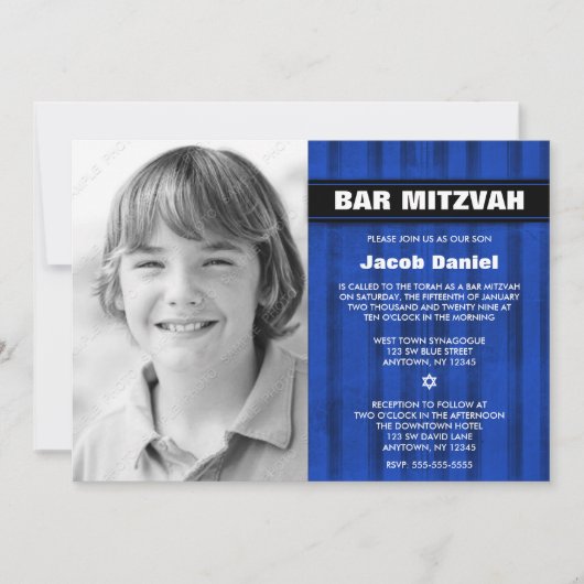 Blue Black Stripes Photo Bar Mitzvah Invitations (Devant)