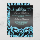 Blue/Black Sweet16 Damask & Tiara Invitation d'ann (Devant / Derrière)