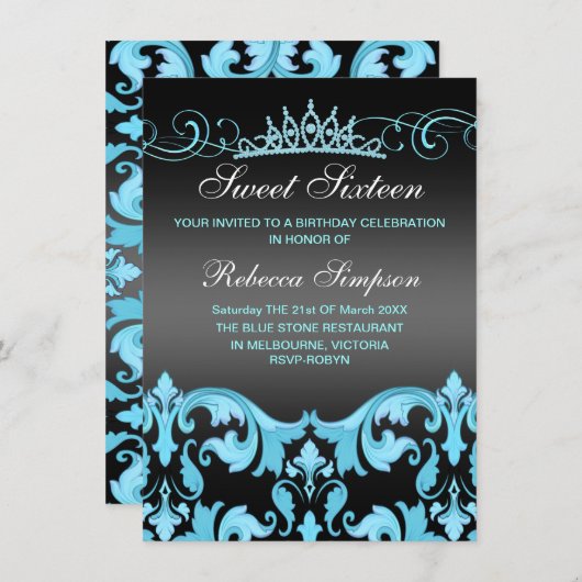 Blue/Black Sweet16 Damask & Tiara Invitation d'ann (Devant / Derrière)