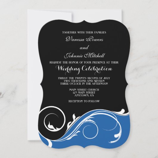 Blue Black Swirl Bracket Wedding Invites Kaart (Voorkant)