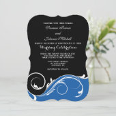 Blue Black Swirl Bracket Wedding Invites Kaart (Staand voorkant)