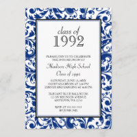 Blue Black Swirl Damask Class Reunion Uitnodiging
