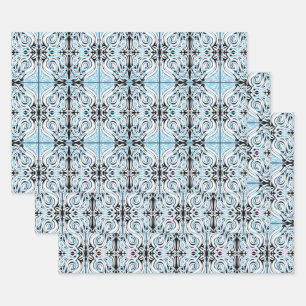 Blue Black White Curly Abstract Herhalingspatroon Inpakpapier Vel