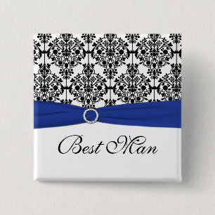 Blue Black White Damask Best Man Pin Vierkante Button 5,1 Cm