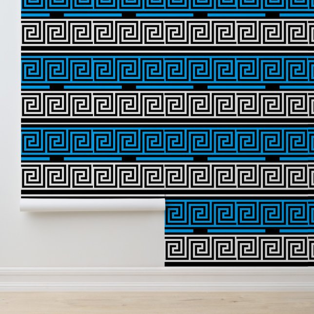 Blue Black White Greek Key Fret Pattern Design  Behang (Creator heeft geüpload)