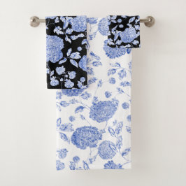 Blue Black White Modern Floral Toile Bad Handdoek