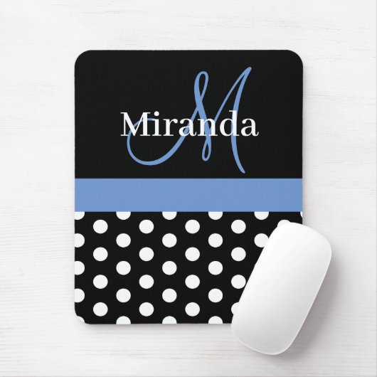 Blue Black White Polka Dot Monogram Muismat (Met muis)