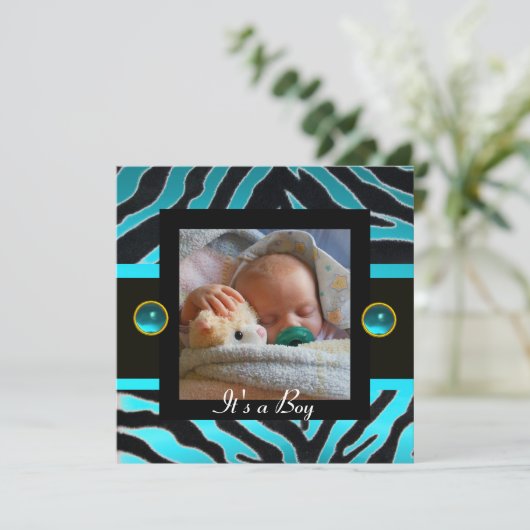 BLUE BLACK WHITE ZEBRA FUR Monogram Foto Template Kaart (Staand voorkant)