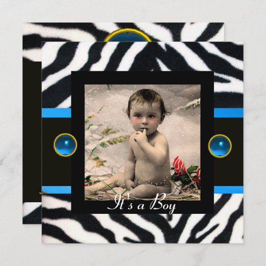 BLUE BLACK WHITE ZEBRA FUR Monogram Foto Template Kaart (Voorkant / Achterkant)