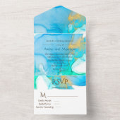 Blue Blauwgroen en Gold Alcohol Ink Wedding All In One Uitnodiging (Binnen)