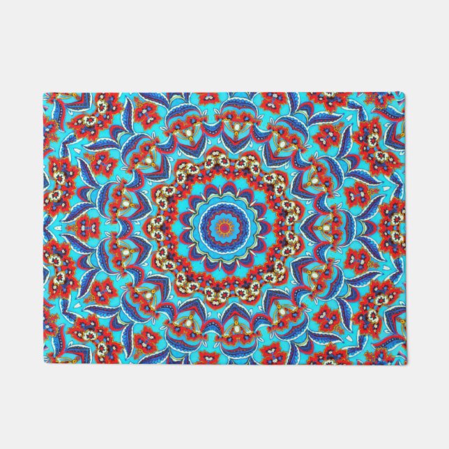 Blue Blauwgroen Leaf Floral Mandala Boho Deurmat (Voorkant)