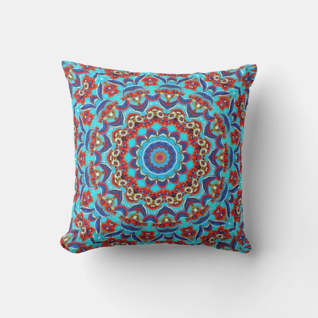 Blue Blauwgroen Leaf Floral Mandala Boho Kussen (Voorkant)