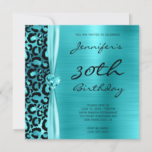Blue Blauwgroen Leopard Glam 30th Birthday Kaart (Voorkant)