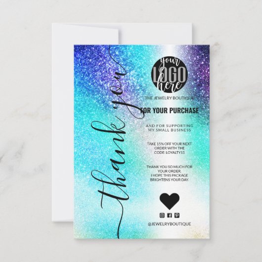 Blue Blauwgroen Nebula Galaxy Glitter Order Hartel Bedankkaart (Voorkant)