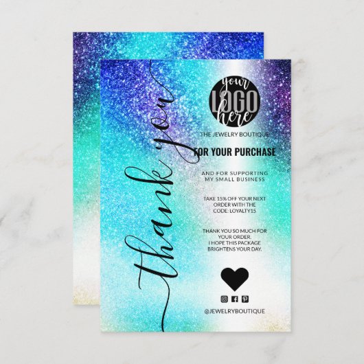 Blue Blauwgroen Nebula Galaxy Glitter Order Hartel Bedankkaart (Voorkant / Achterkant)