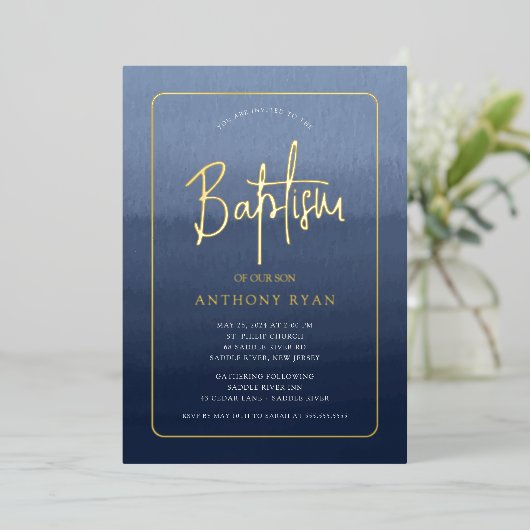 Blue Blessings Baptism Invitation Folie Uitnodiging (Staand Voorkant)