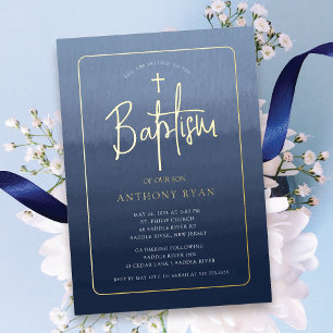 Blue Blessings Baptism Invitation Folie Uitnodiging