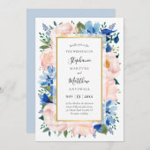 Blue Blush Pink Floral Gold Wedding Kaart (Voorkant / Achterkant)