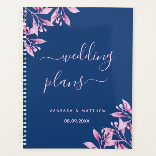 Blue blush roze florals script bruiloft planner (Voorkant)