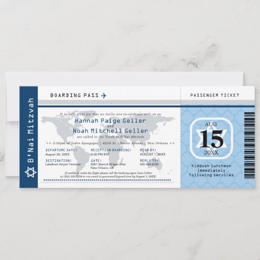Blue B'Nai Mitswa World Traveller Boarding Pass Kaart (Voorkant)