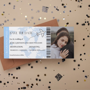 Blue Boarding pass monogram opslaan van de datum t Save The Date