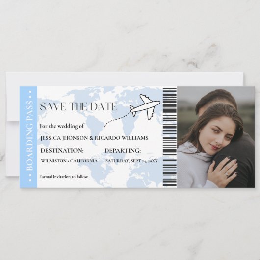 Blue Boarding pass monogram opslaan van de datum t Save The Date (Voorkant)