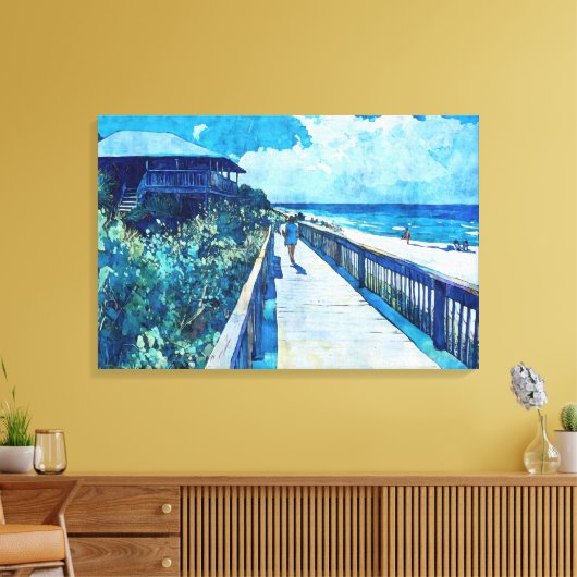Blue Boardwalk Stroll Beach Waterverf Canvas (Insitu (Woonkamer))