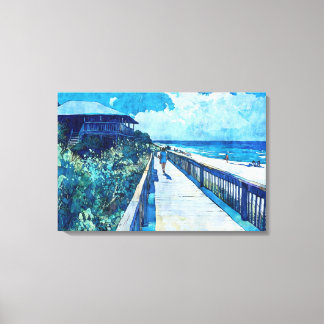 Blue Boardwalk Stroll Beach Waterverf Canvas Afdruk