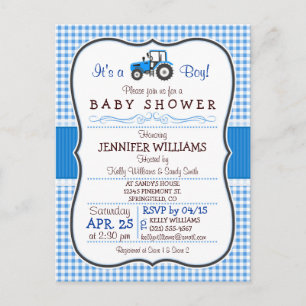 Blue Boerderij Tractor Boy Baby shower Invitation Uitnodiging Briefkaart