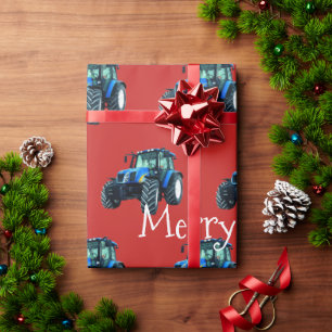 Blue Boerderij Tractors op rode kerst Cadeaupapier