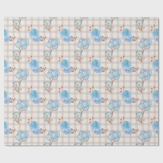 Blue Boho Beer ballonnen Gingham Floral Cadeaupapier (Vlak)