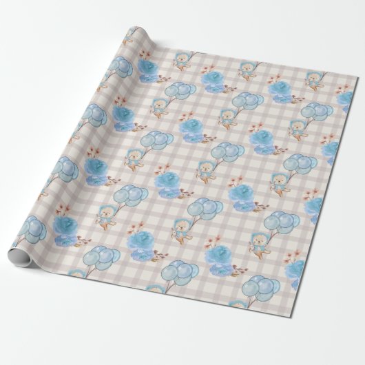 Blue Boho Beer ballonnen Gingham Floral Cadeaupapier (Uitgerold)