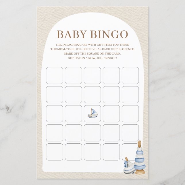 Blue Boho Blocks and Toys Baby shower Bingo spel (Voorkant)