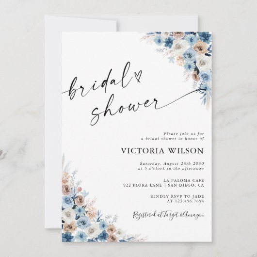 Blue Boho Bloemen Bruids Douche Uitnodiging (Voorkant)