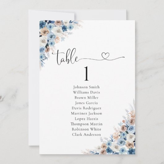 Blue Boho Bloemen Tafel Zitting Grafiek Kaart (Voorkant)