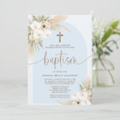 Blue Boho Bloemenboog Jongens Doop Uitnodiging (Staand voorkant)