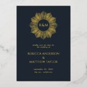 Blue Boho Celestial Sun Monogram Save Date Folie Uitnodiging (Voorkant)