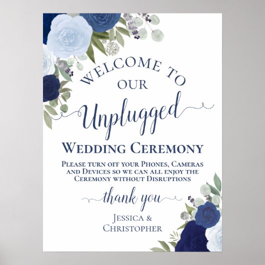 Blue Boho Chic Floral Unplugged Wedding Ceremony Poster (Voorkant)