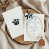 Blue Boho Coquette Bow Pearl Graduation Party Kaart