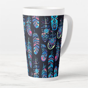 Blue Boho Feathers Pattern Latte Mok