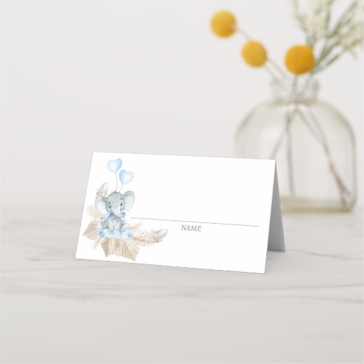 Blue Boho Floral Elephant Baby shower Place Card (Voorkant)