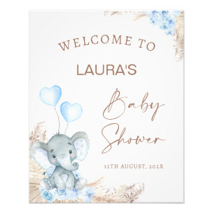 Blue Boho Floral Elephant Baby shower Welkomstbord Foto Afdruk